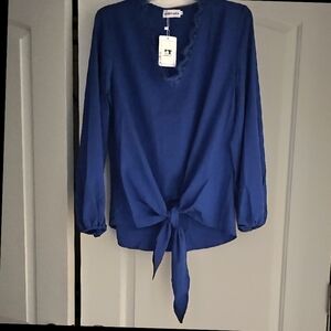 Lonolaka Royal Blue Tie Front Blouse With Lace trim Size M